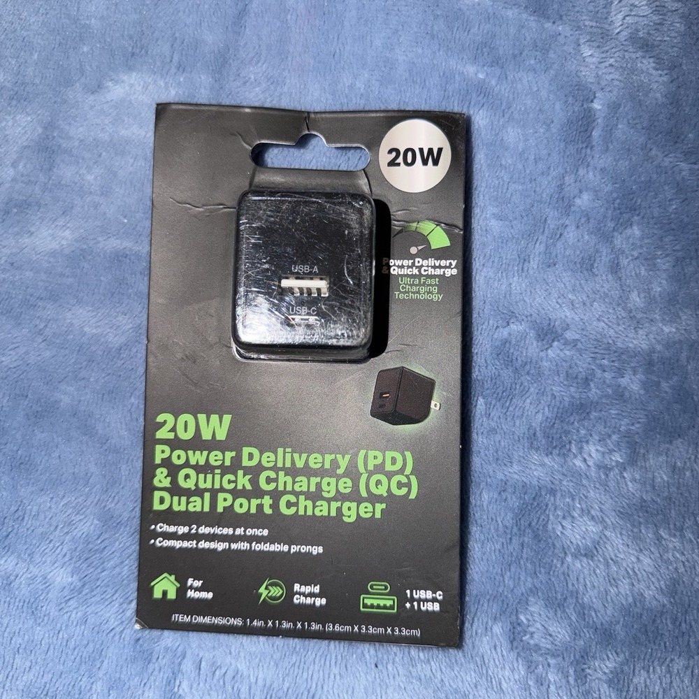 20W PD USB-C Wall Charger Black Fast Charge Foldable Prongs LED Indicator